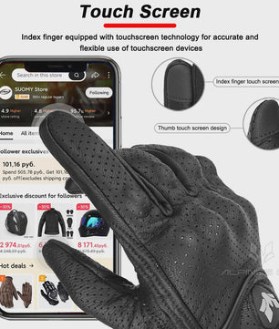 Vintage Leren Motorhandschoenen Heren Zwart - Touchscreen & Anti-slip