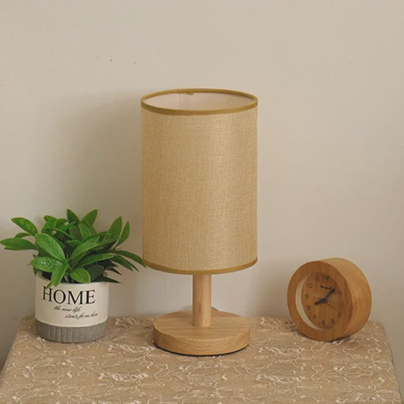 Sfeervolle LED Tafellamp met Houten Basis & Stoffen Kap - Dimbare Nachtlamp USB