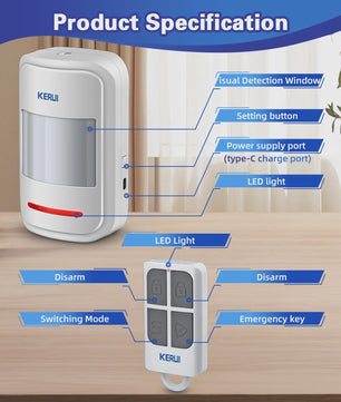 KERUI HW19 PIR Bewegingsmelder met Alarm Geluid, Deurbel Functie & SOS Knop