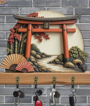 Japanse Torii Poort Sleutelhanger & Wandrek met 4 Haken - Decoratief Hout