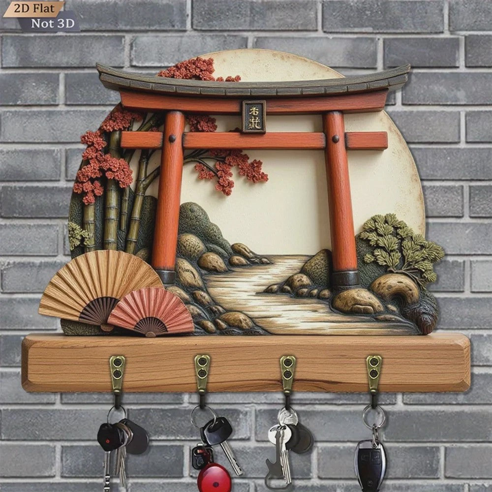Japanse Torii Poort Sleutelhanger & Wandrek met 4 Haken - Decoratief Hout