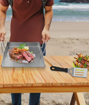 RVS Grillplaat 40x30cm - Heavy Duty BBQ Pan met 2 Spatels