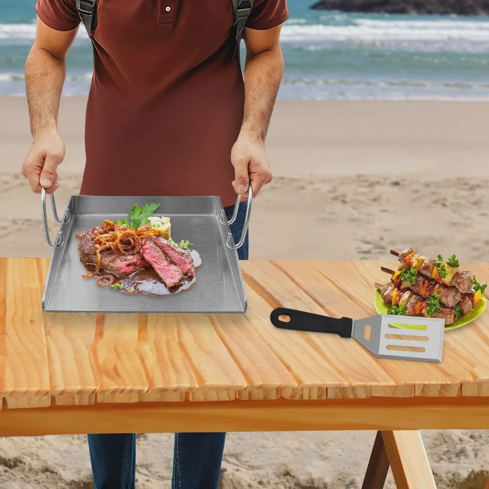 RVS Grillplaat 40x30cm - Heavy Duty BBQ Pan met 2 Spatels