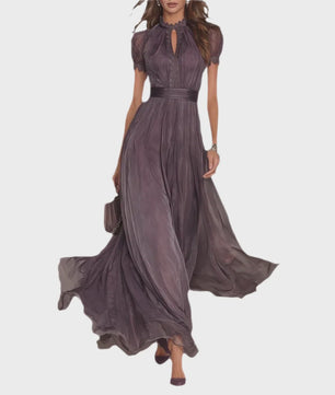 Elegante Lange Chiffon Jurk met Kant en Keyhole Hals - Dames Avondjurk
