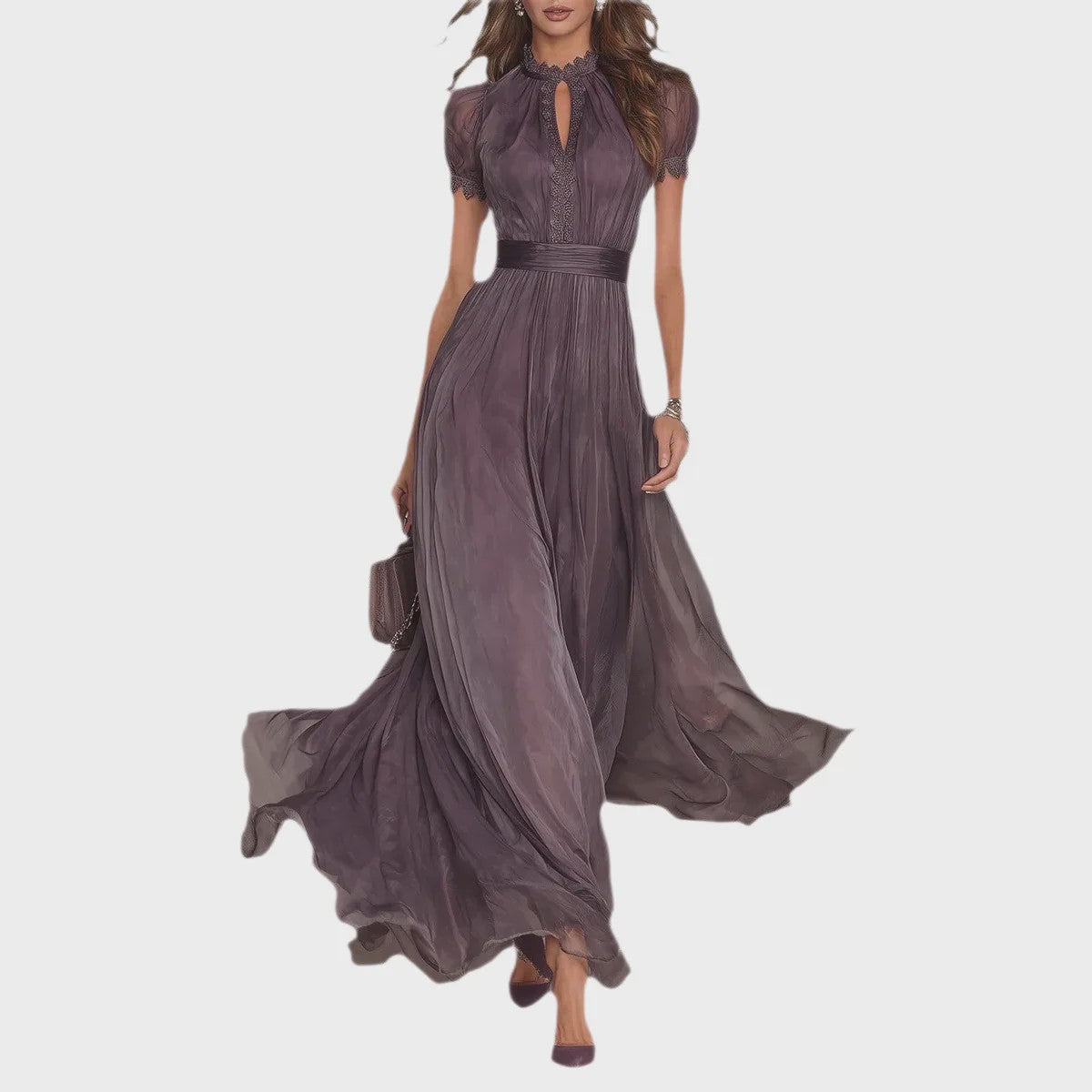 Elegante Lange Chiffon Jurk met Kant en Keyhole Hals - Dames Avondjurk