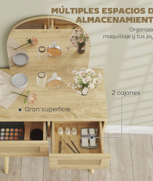 Moderne Kaptafel met Spiegel en Rotan Lades - Natuurlijk Houtkleurig
