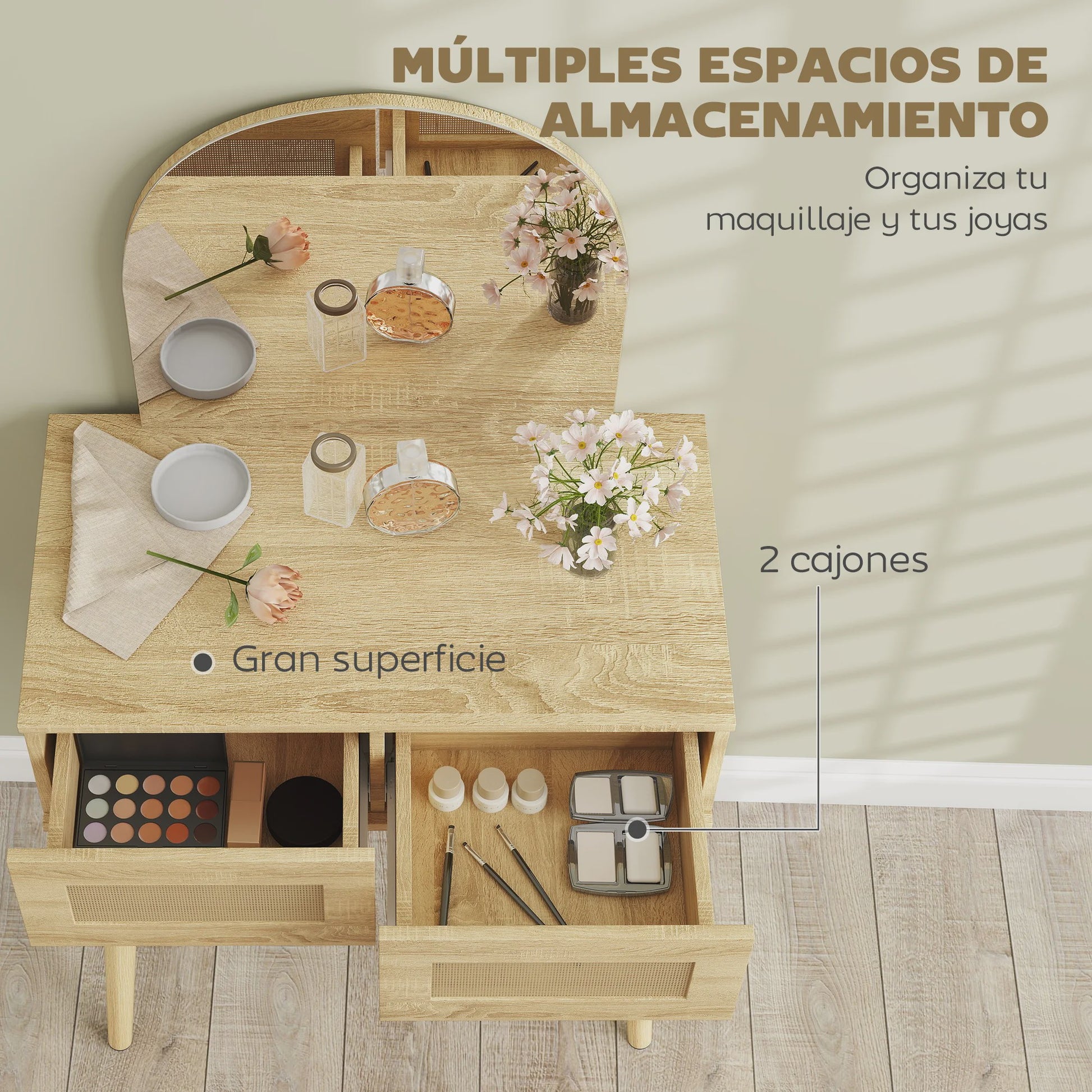 Moderne Kaptafel met Spiegel en Rotan Lades - Natuurlijk Houtkleurig