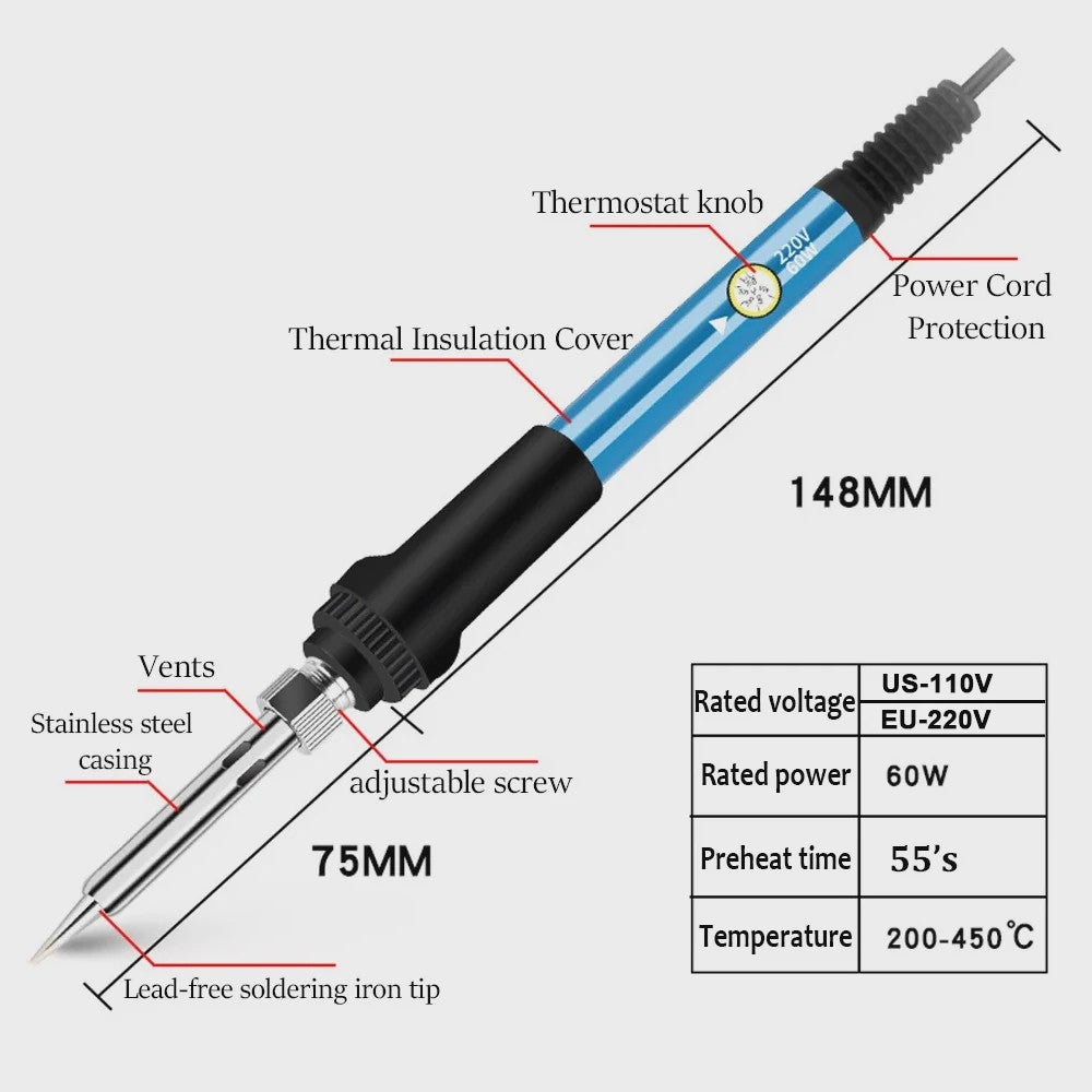 60W Verstelbare Temperatuur Soldeerbout - EU 220V / US 110V Plug - Ideaal voor DIY Reparatie