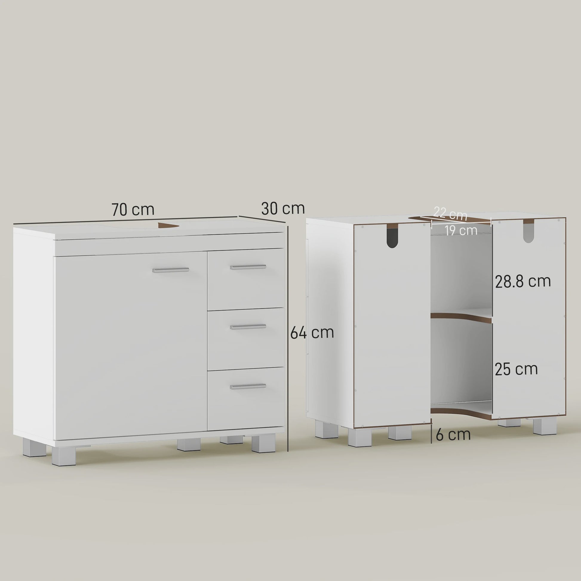 Badmeubel Onderbouw met 3 Lades en Soft-Close Deur
