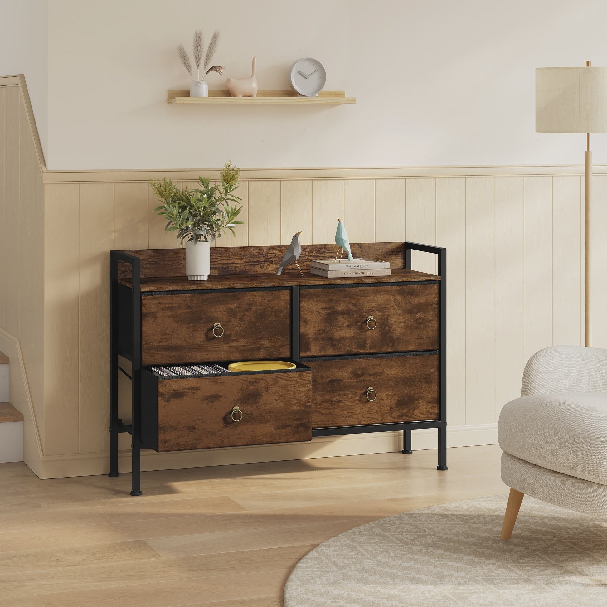 Vintage Bruine Ladekast met 4 Stoffen Lades - Stijlvolle Opbergkast voor Slaapkamer & Woonkamer