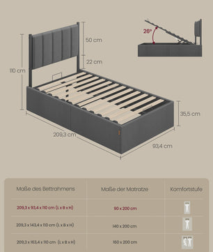 VASAGLE Bedframe met Opbergruimte en Hoofdbord - 90x200 cm - Grijs