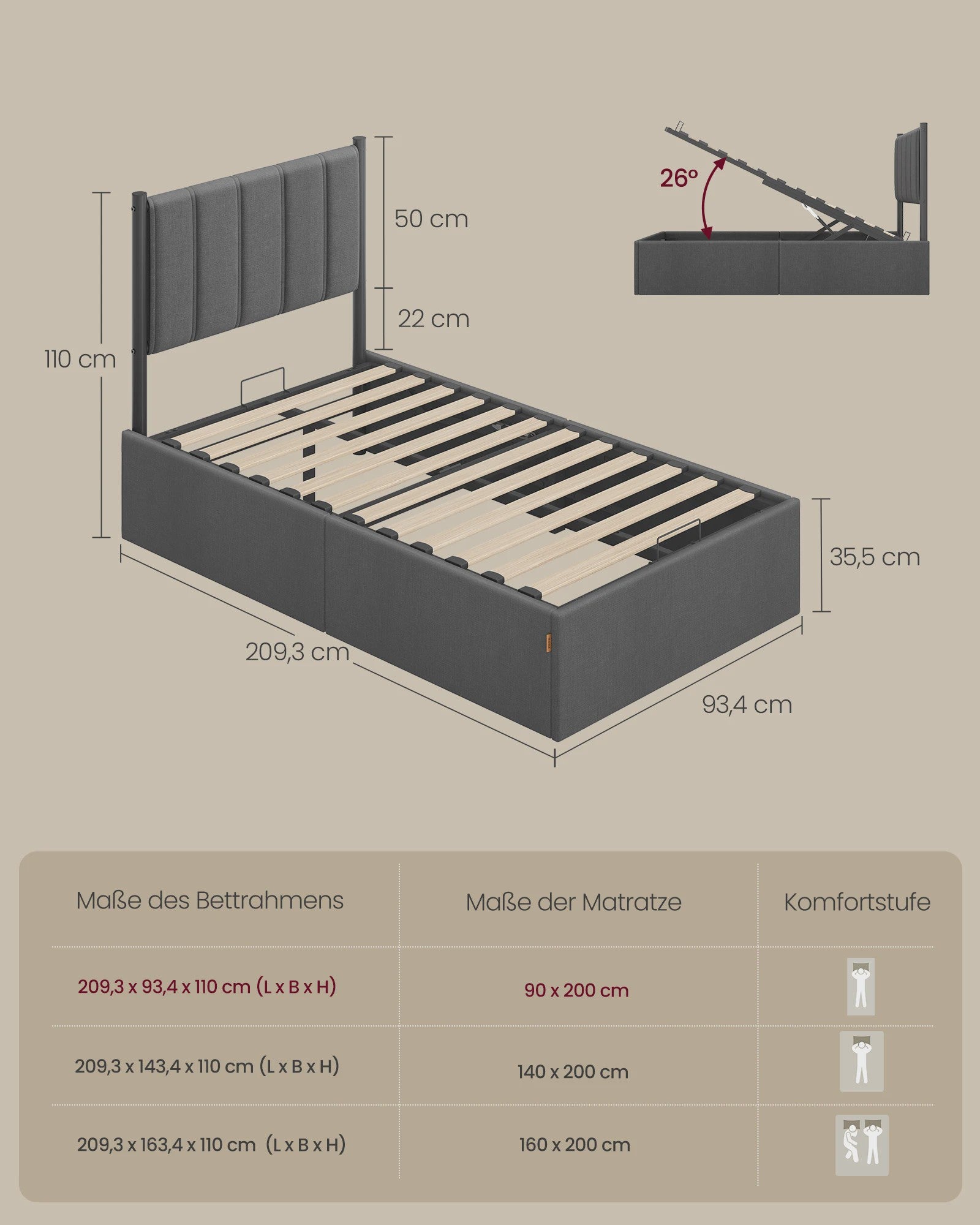 VASAGLE Bedframe met Opbergruimte en Hoofdbord - 90x200 cm - Grijs