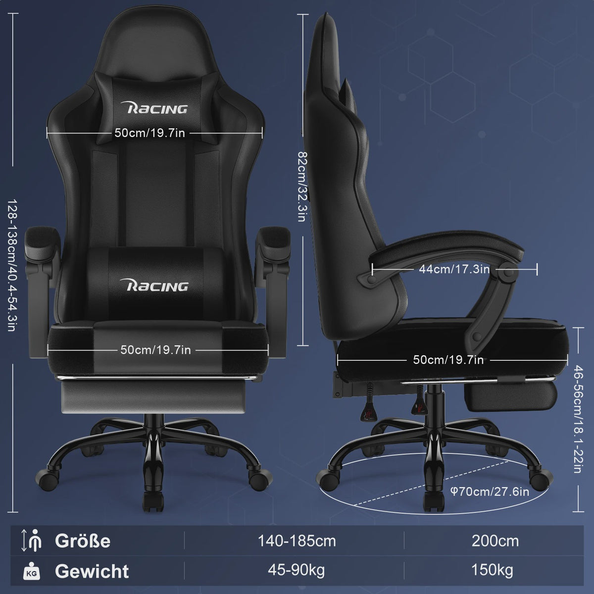 Ergonomische Gaming Stoel met Voetensteun, Hoofd- en Lendesteun | Max 150kg