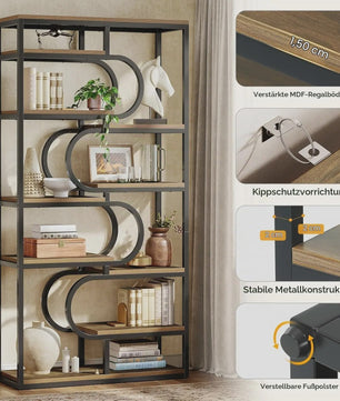 Industriële Boekenkast 180cm Hoog - 5 Lagen Open Opslag - Metaal & Hout Design