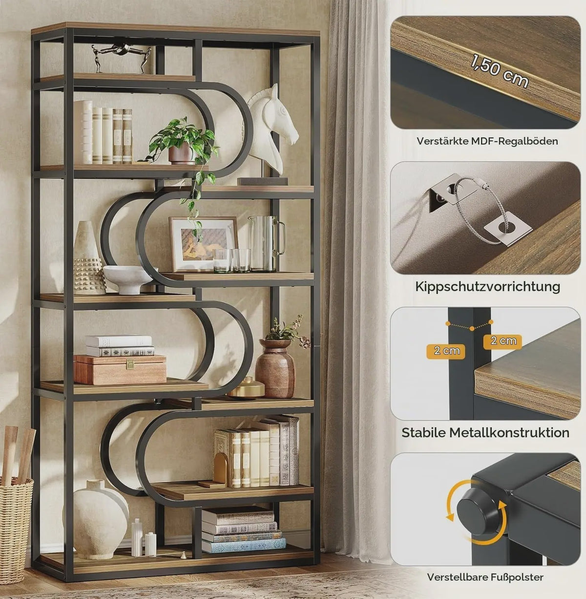 Industriële Boekenkast 180cm Hoog - 5 Lagen Open Opslag - Metaal & Hout Design