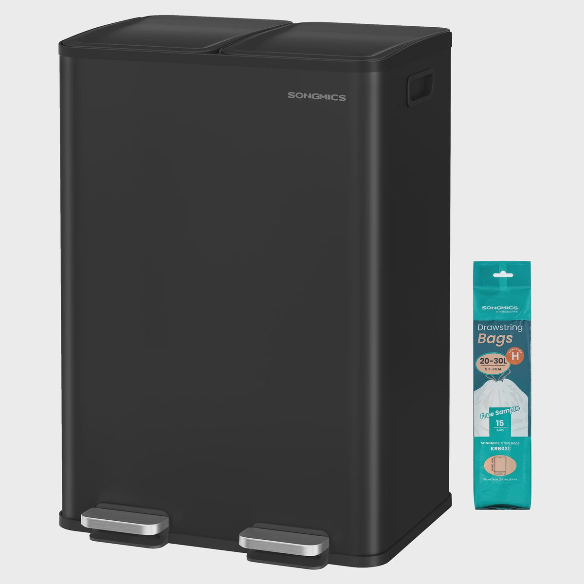 SONGMICS Dubbele Keukenprullenbak 2x30L met Softclose Deksel en Voetpedaal - RVS