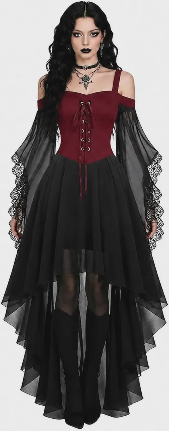Gothic Heksenjurk Dames - Middeleeuwse Vampier Stijl met Vlinder Mouwen & Kant