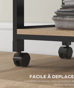 HOMCOM Keuken Trolley met Wielen, 2 Verwijderbare Dienbladen en Lade - Licht Eiken & Zwart
