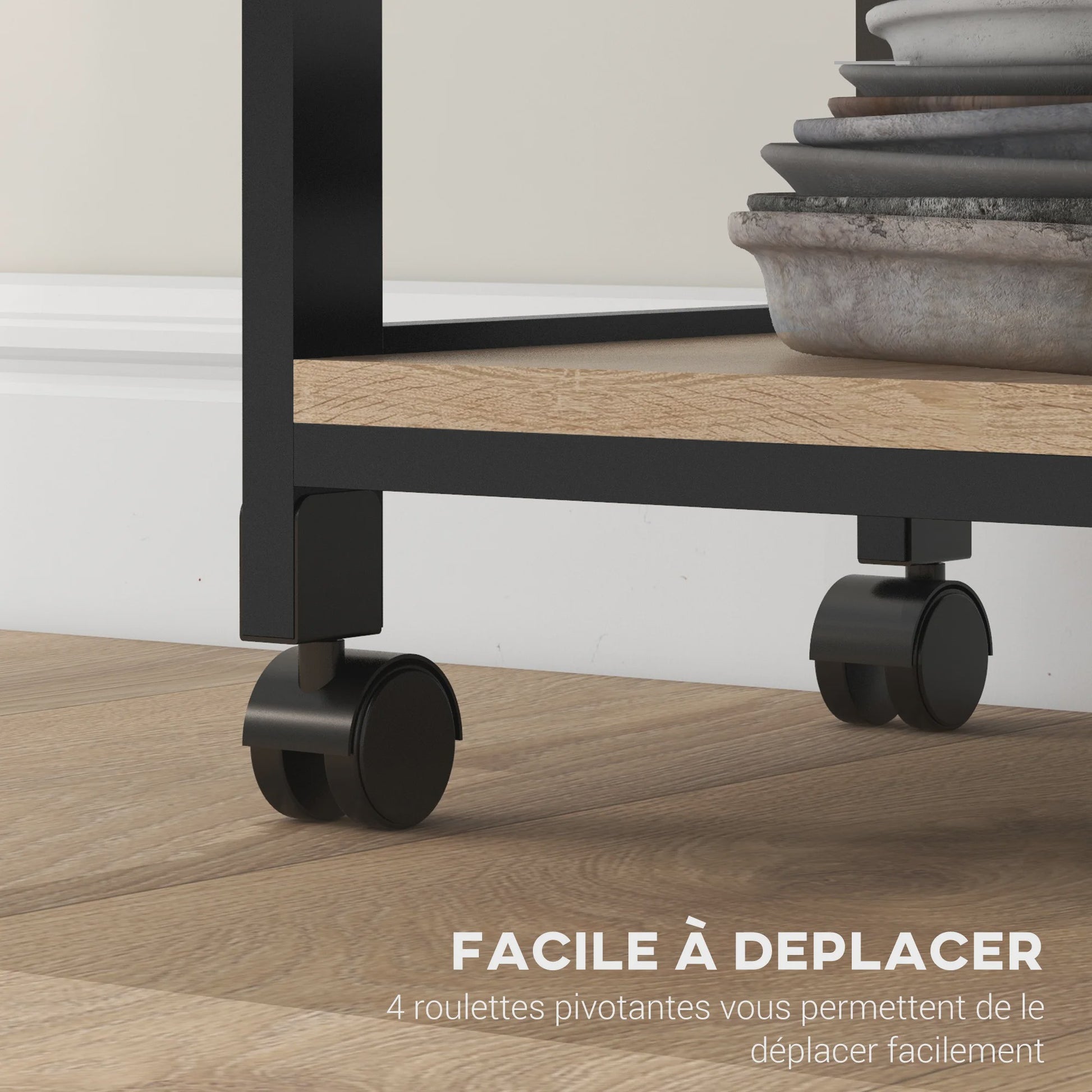 HOMCOM Keuken Trolley met Wielen, 2 Verwijderbare Dienbladen en Lade - Licht Eiken & Zwart