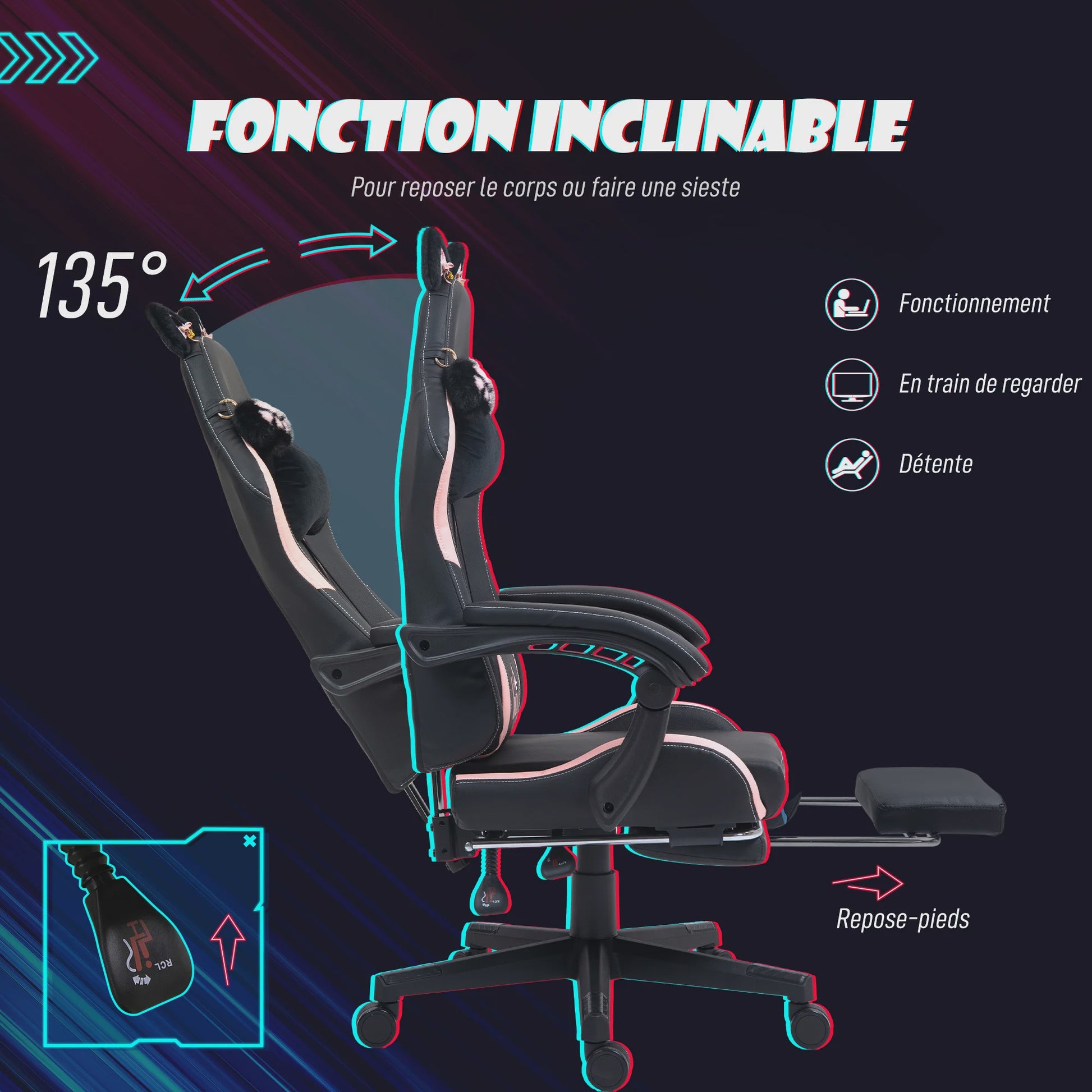 HOMCOM Ergonomische Gaming Stoel met Kattenoren - Verstelbaar & Comfortabel - Zwart