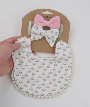 Babyset: 3x Babyluiers met Strik Haarbandjes - Bloemenprint & Pompons