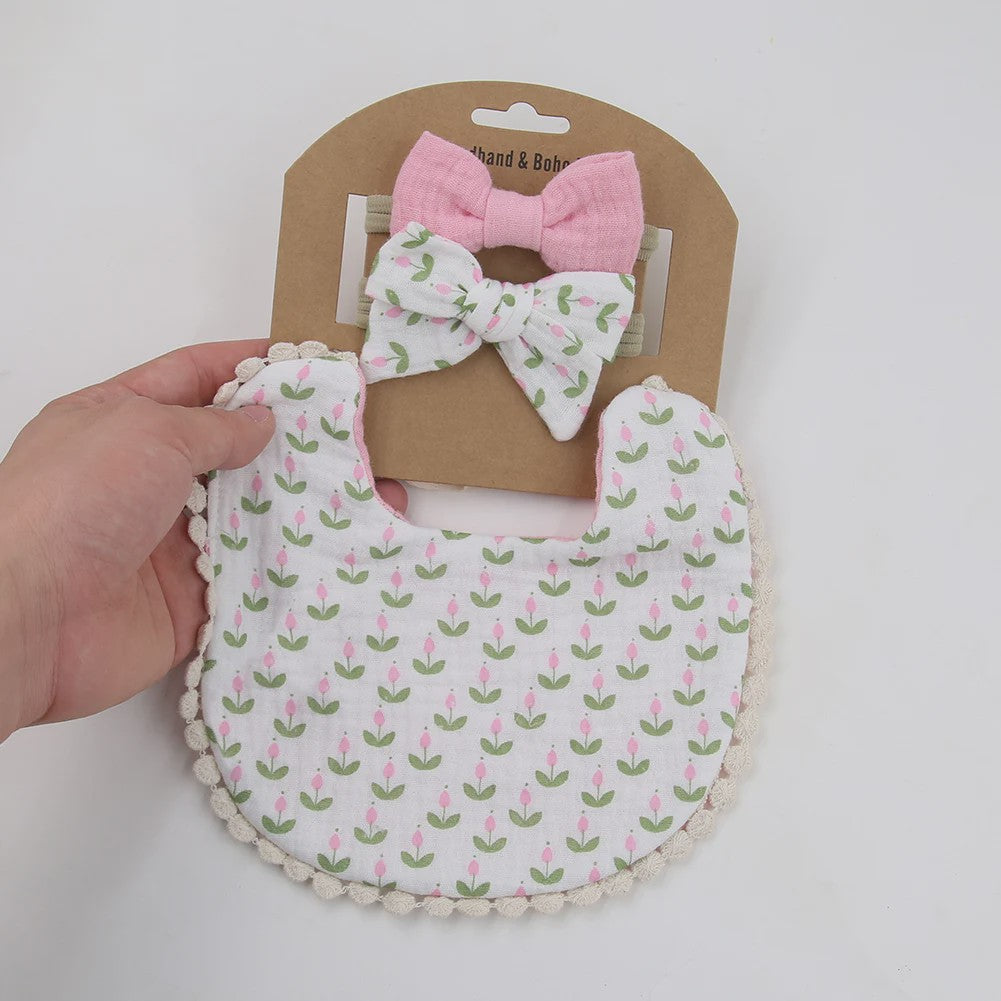 Babyset: 3x Babyluiers met Strik Haarbandjes - Bloemenprint & Pompons
