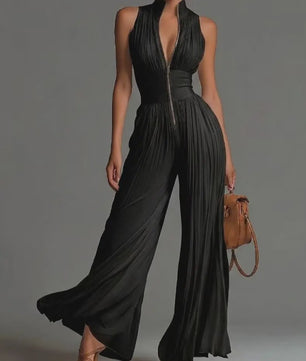 Elegante Dames Jumpsuit met Plooien, Wijde Pijpen en Opstaande Kraag - Zomerse Mouwloze Stijl
