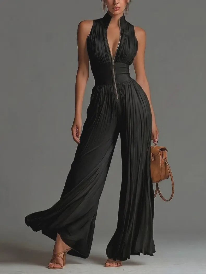 Elegante Dames Jumpsuit met Plooien, Wijde Pijpen en Opstaande Kraag - Zomerse Mouwloze Stijl