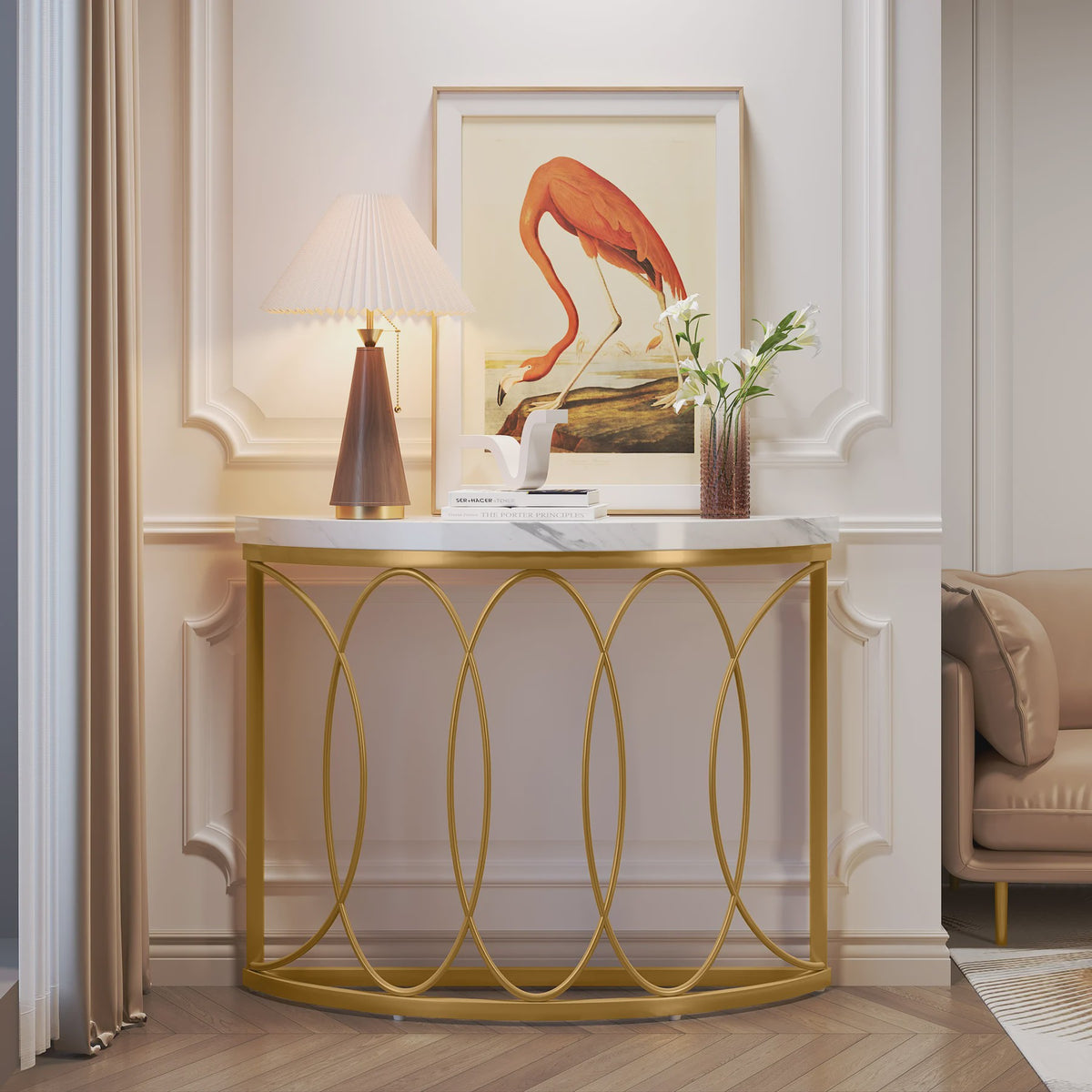 Gouden Halve Maan Console Tafel - 43 Inch Moderne Entree Tafel met Geometrisch Metaal Frame
