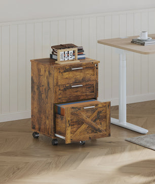Mobiel 3-Laden Archiefkastje met Slot - Vintage Hout - Onder Bureau - Verrijdbaar Kantoor Opbergkast