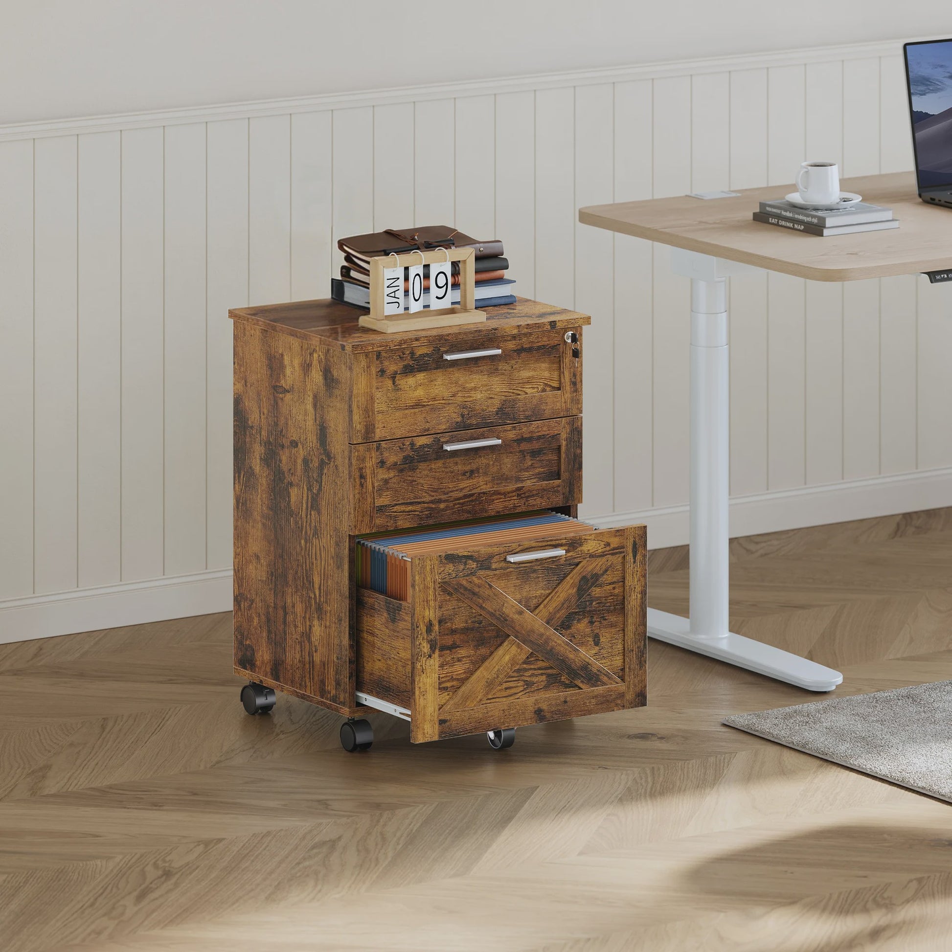Mobiel 3-Laden Archiefkastje met Slot - Vintage Hout - Onder Bureau - Verrijdbaar Kantoor Opbergkast