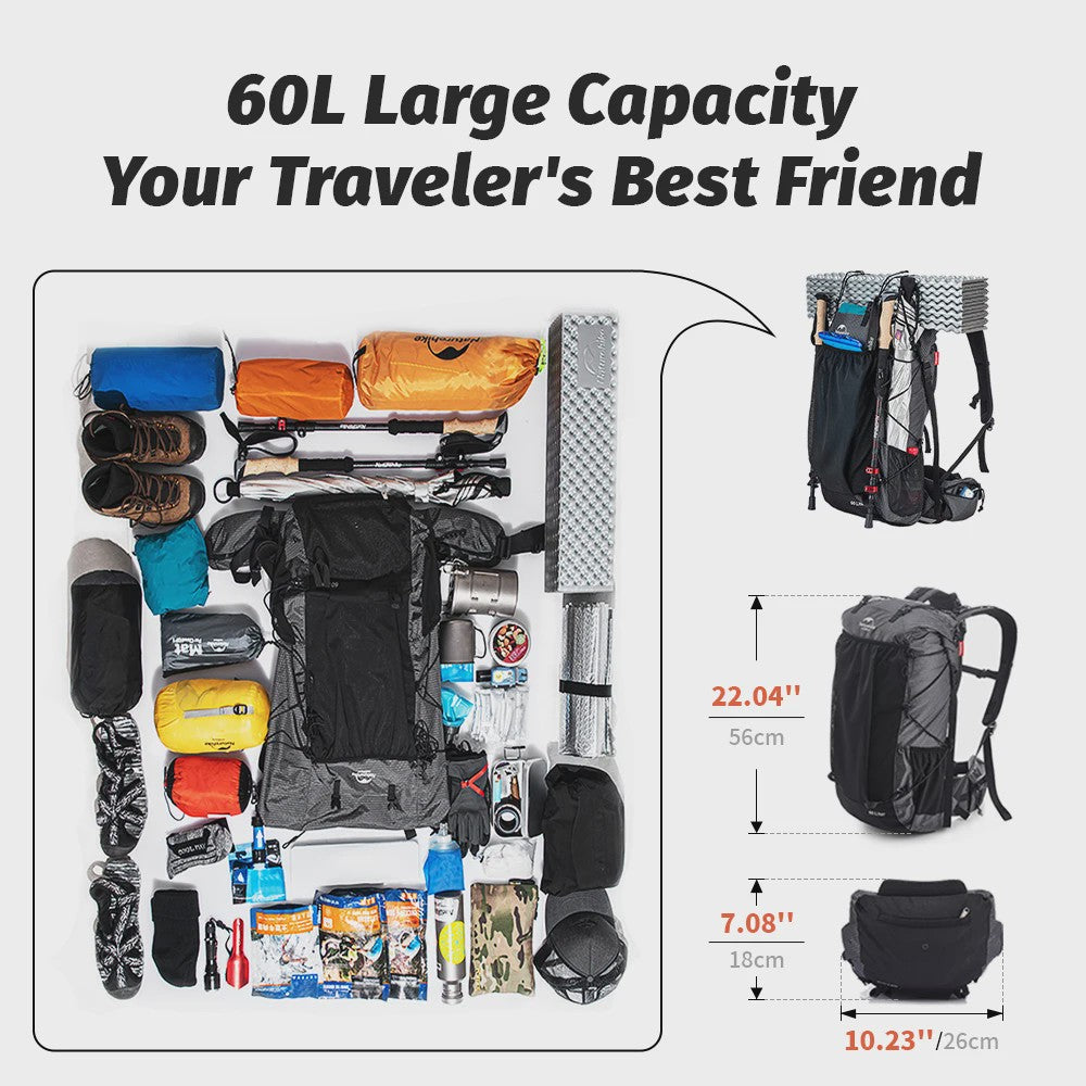 Naturehike Klimrugzak 60+5L - Ruime Outdoor Rugzak voor Reizen, Kamperen en Klimmen met Regenhoes