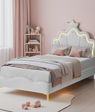 Prinsessen Hemelbed Wit 90x200cm met LED Verlichting & Kroon - Meisjesbed