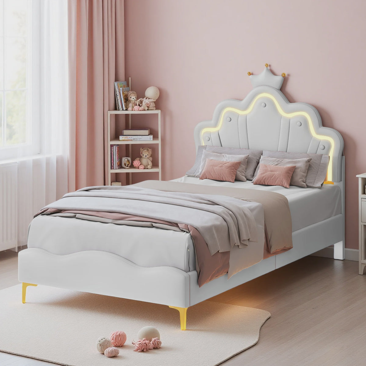 Prinsessen Hemelbed Wit 90x200cm met LED Verlichting & Kroon - Meisjesbed