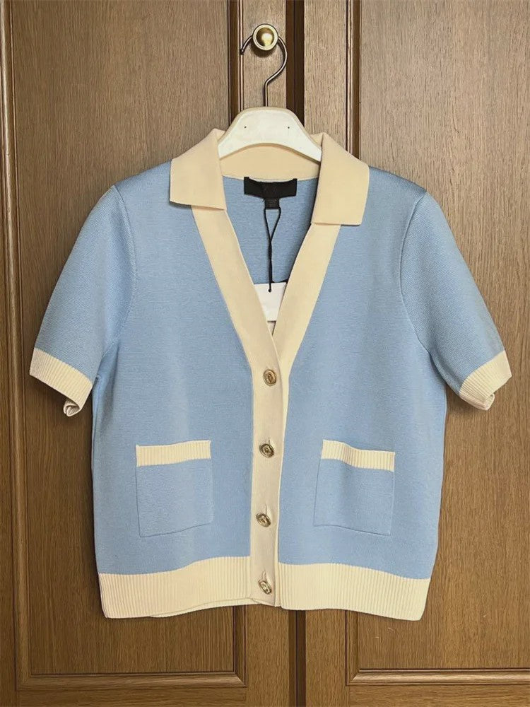 Elegante Gebreide Cardigan met Korte Mouwen en Contrastdetails