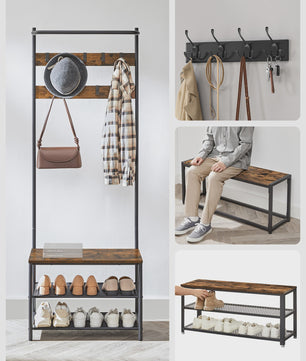 VASAGLE Kapstok met Schoenenbank en 9 Haken - Entree Meubel 64x32.2x180 cm