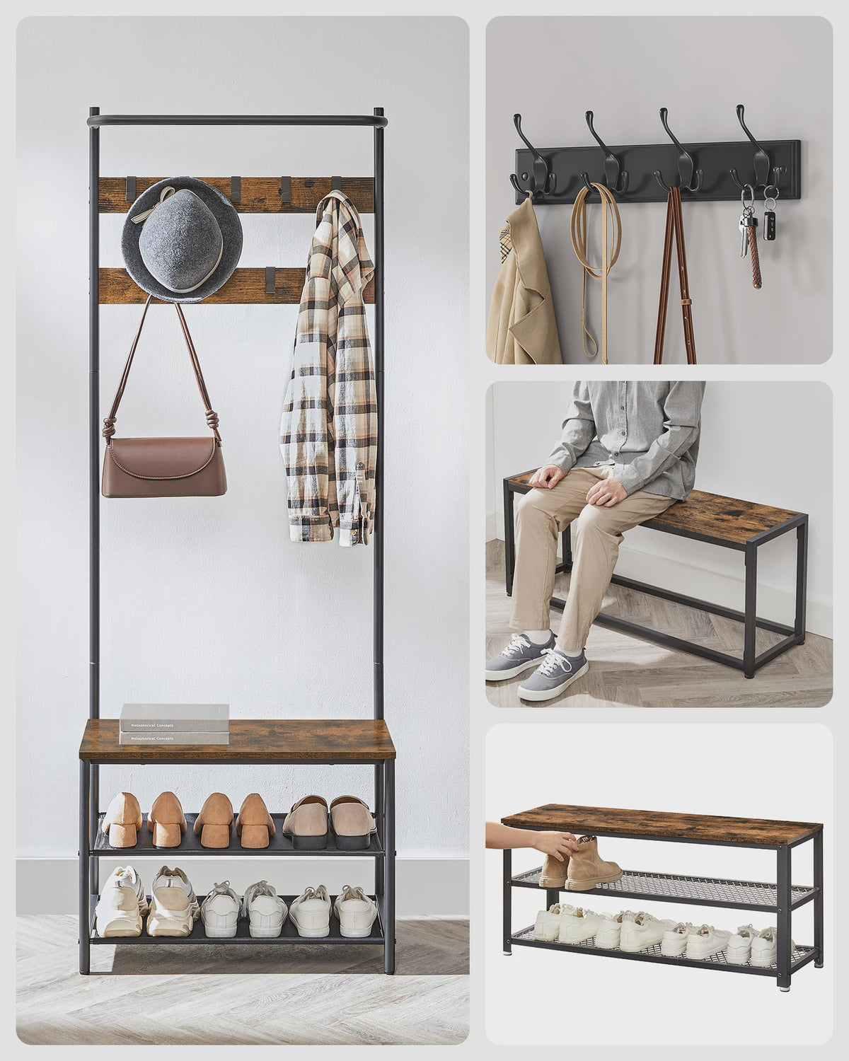 VASAGLE Kapstok met Schoenenbank en 9 Haken - Entree Meubel 64x32.2x180 cm