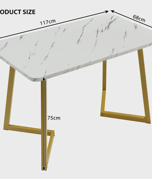 Eetkamertafel 117x68cm Rechthoekig met Goudkleurig Metalen Frame - Marmerlook