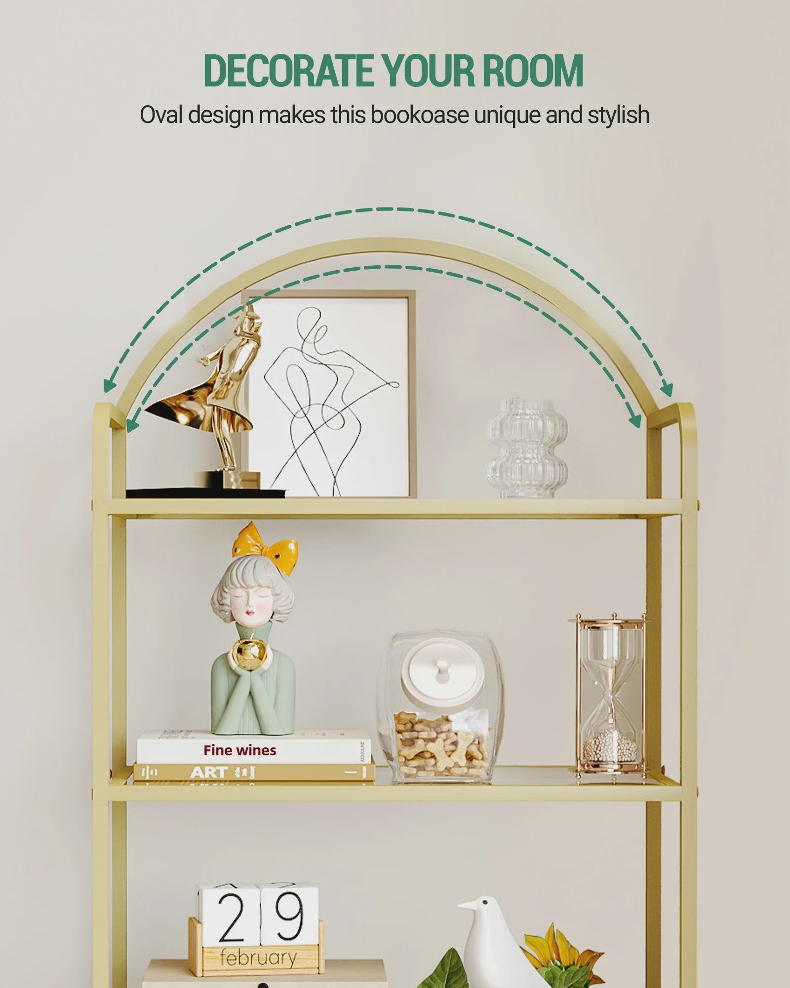 Gouden Boekenkast met 6 Planken van Gehard Glas en Stalen Frame