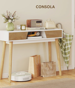Stijlvolle Hal Console Tafel met 2 Lades en Houten Poten - Wit
