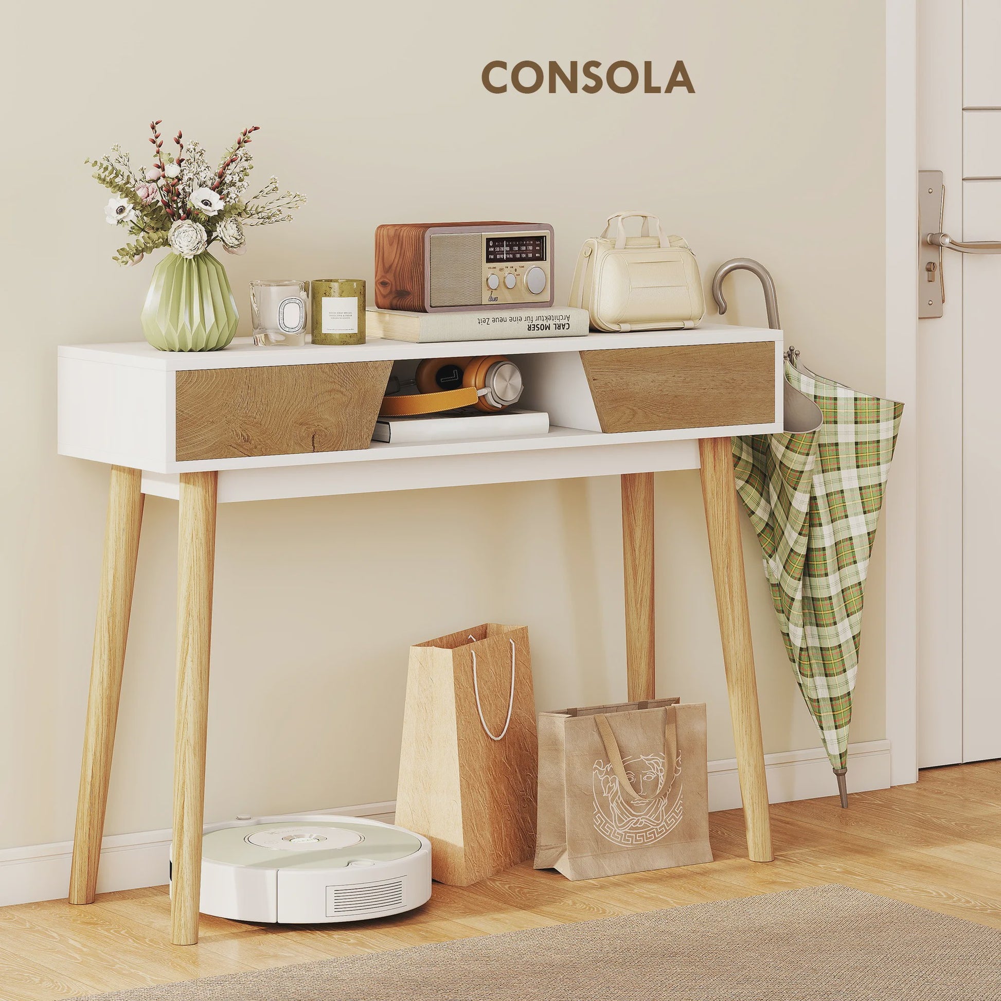 Stijlvolle Hal Console Tafel met 2 Lades en Houten Poten - Wit