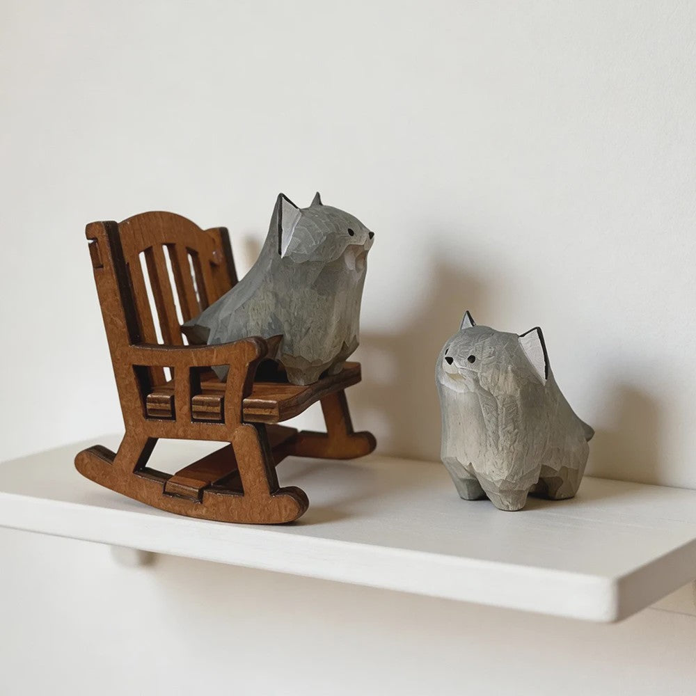 Handgemaakte Houten Mini Wolf Beeldje - Schattig Dieren Decoratie voor Bureau