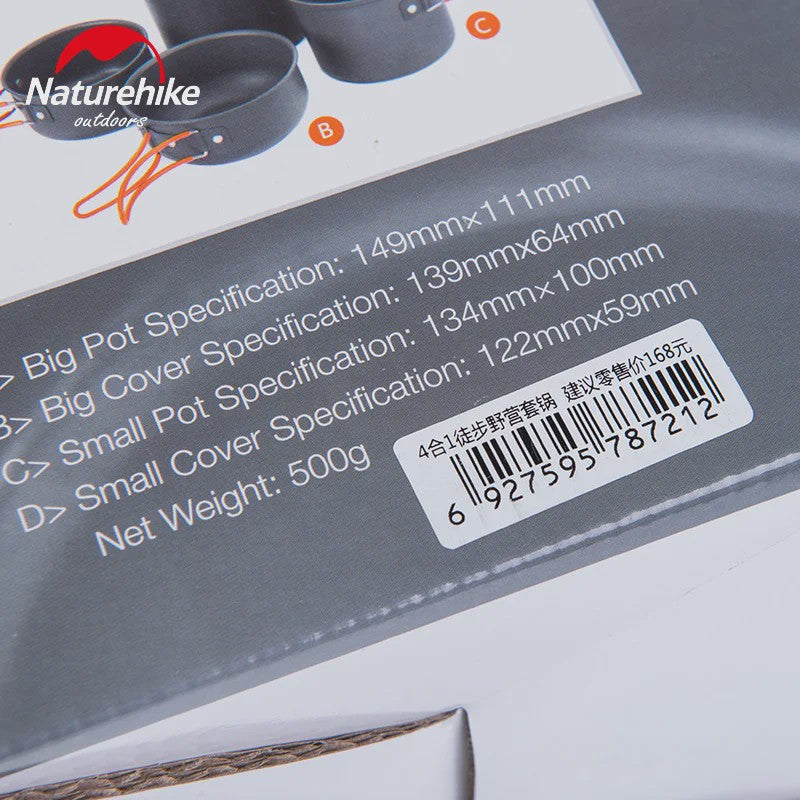 Naturehike 4-delige Camping Kookset Aluminium Outdoor Tafelgerei Set