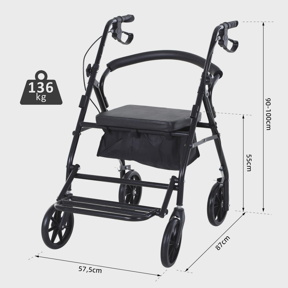 Opvouwbare Rollator met Zitting, Handremmen en Opbergmand - Lichtgewicht & Ergonomisch