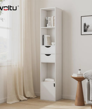 Hoge Smalle Boekenkast met Lades en Deur - Stijlvolle Opbergkast voor Woonkamer & Kantoor (158cm)