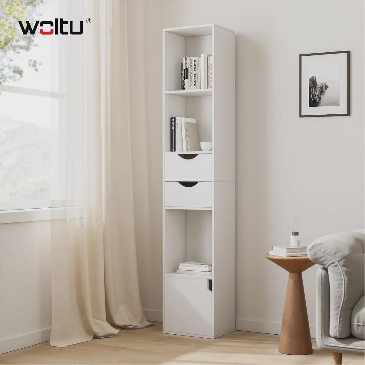 Hoge Smalle Boekenkast met Lades en Deur - Stijlvolle Opbergkast voor Woonkamer & Kantoor (158cm)