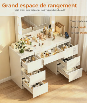 Witte Kaptafel met LED Spiegel, 8 Lades & Ingebouwd Stopcontact