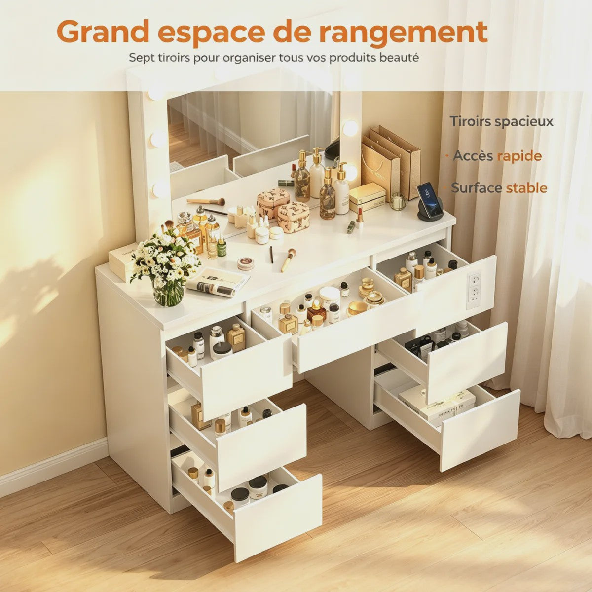 Witte Kaptafel met LED Spiegel, 8 Lades & Ingebouwd Stopcontact