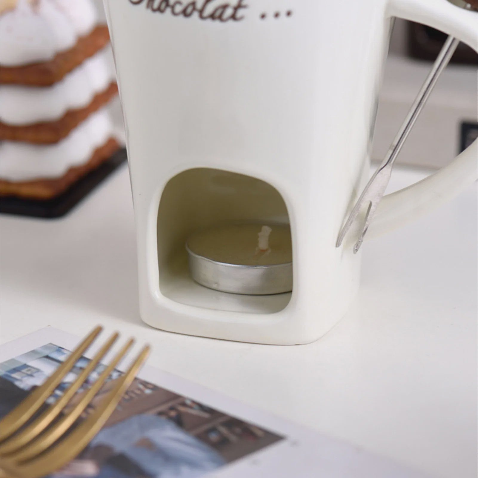 Chocolade Smeltmok met Vork - Keramische Fondue Beker voor Smelten en Warmer Houden