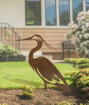 Roestkleurige Metalen Reiger Tuinbeeld - Stijlvolle Vogel Sculptuur voor Buiten